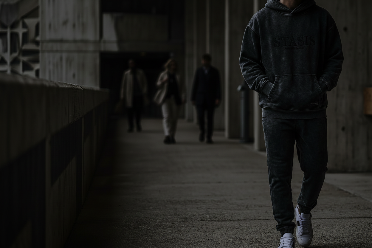 Person wearing a hoodie with 'STASIS' branding walking in an urban setting.